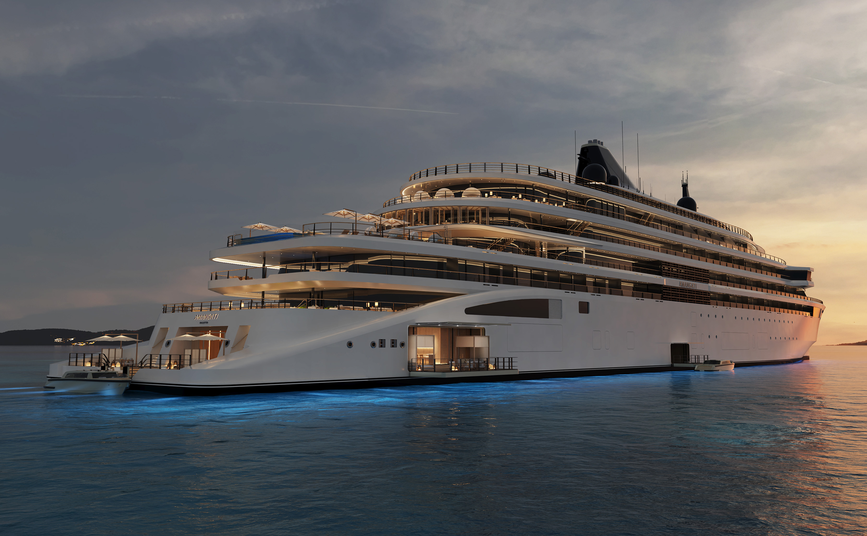 A private yacht at anchor at dusk